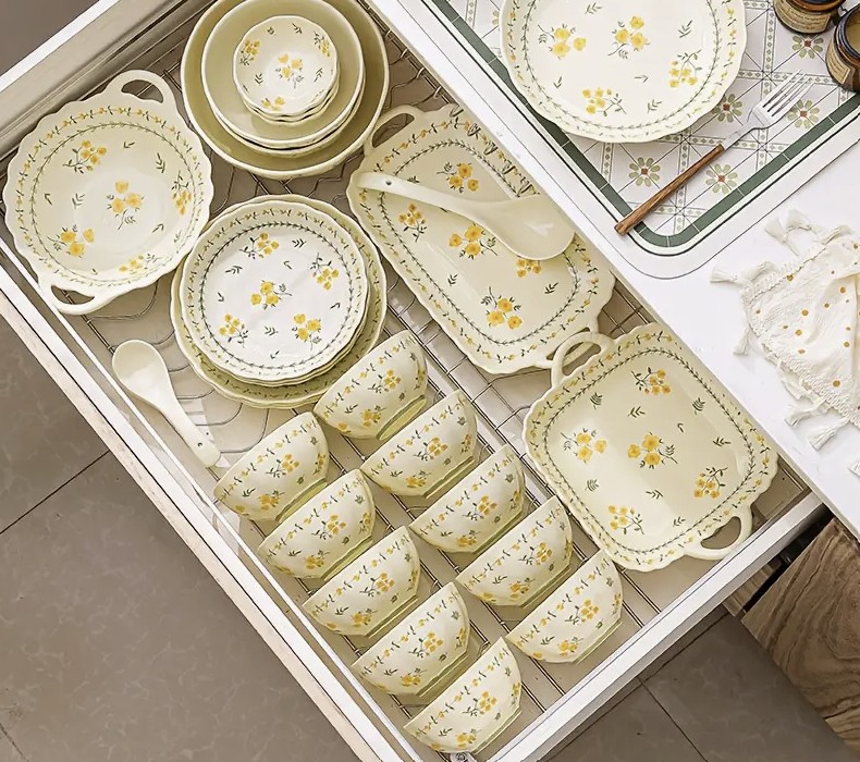 45 Peças Conjunto de Louça Cerâmica Elegante e Amarelo Mostarda com Cantos Arredondados - Serviço Completo